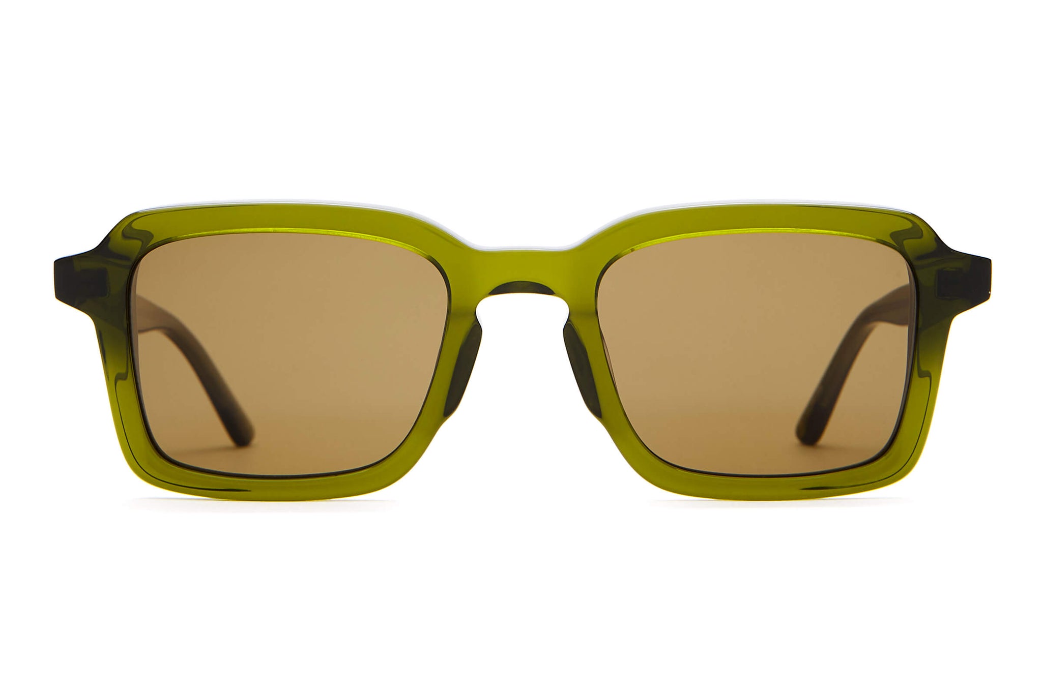 Green-frame sunglasses with brown-tinted lenses on a white background