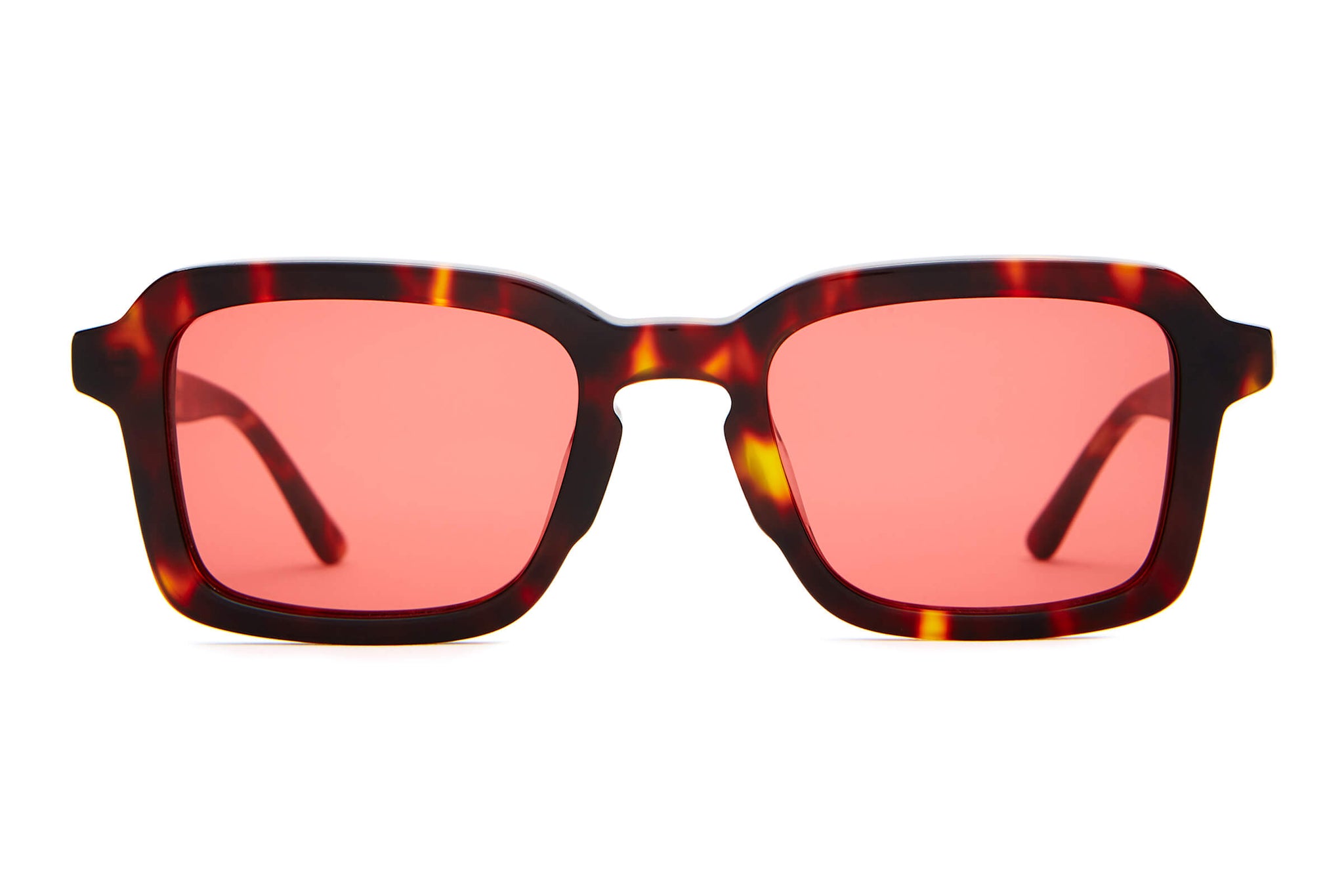 Tortoiseshell sunglasses with red-tinted lenses on a white background